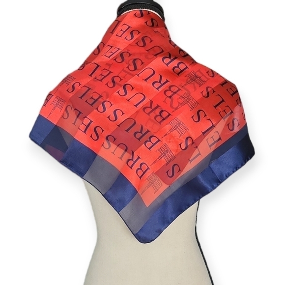 Vintage 90s Red Blue Brussels Travel Scarf 39x39 - Picture 4 of 5